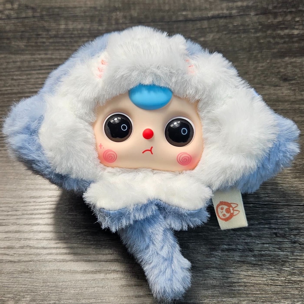 Baby Three Blue Plush Doll Vinyl Face Kawaii Fluffy White Hood Bag Charm Ring